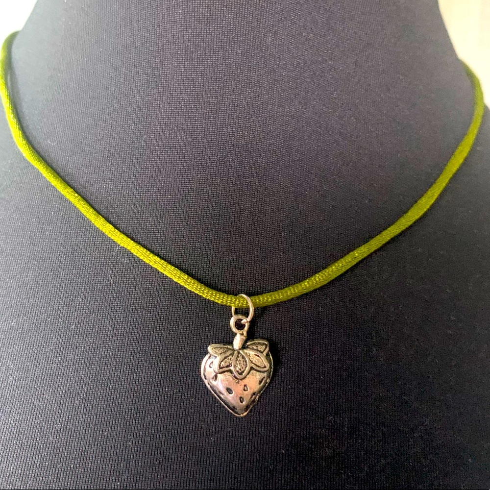 Necklace strawberry pendant charm on green satin
